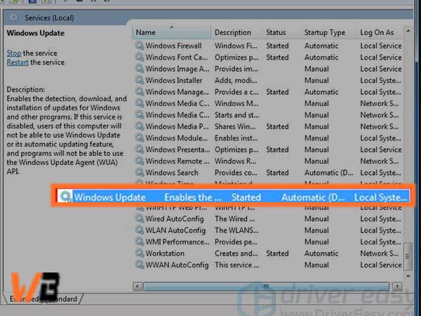 select the “Windows Update Service”
