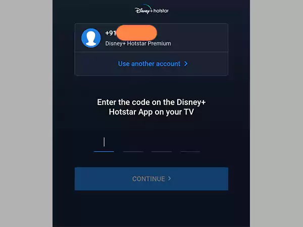 Filling Disney Hotstar code on TV