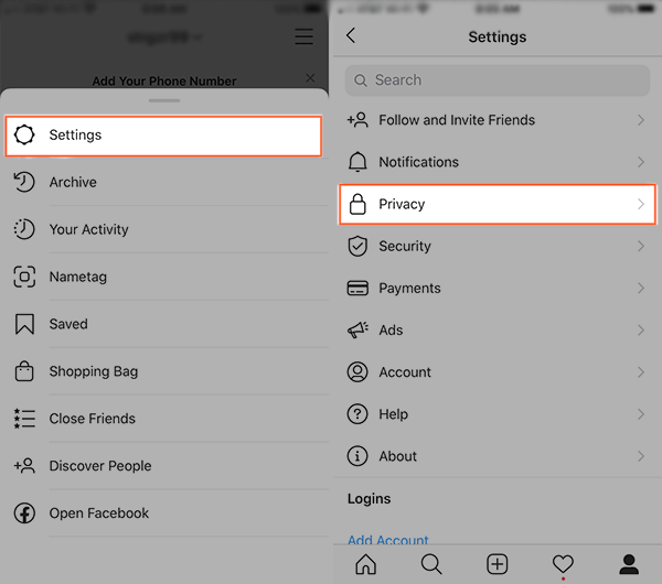 Privacy settings for Instagram