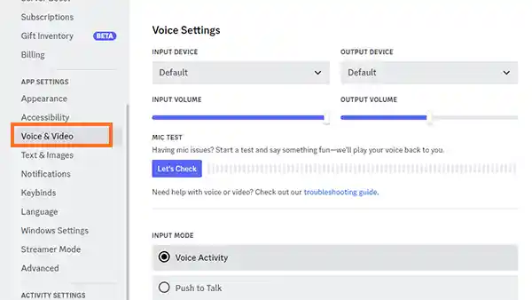 Voice & Video settings on Discord