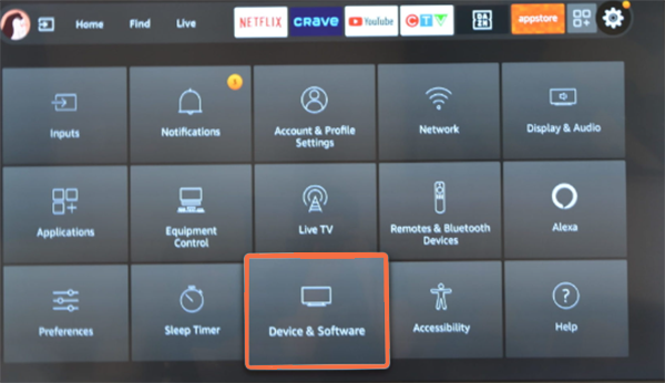 the “Device and Software” option at the settings