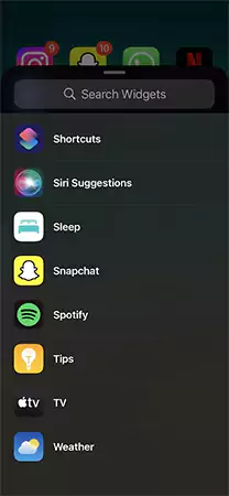 Widget menu on iPhone