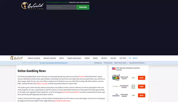 WorldCasinoNews homepage