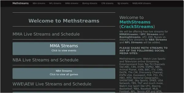 MethStreams Website Homepage