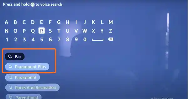 Type Paramount+ through the virtual keyboard.