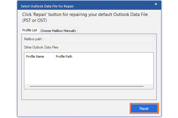 Select Outlook data file and tap repair.