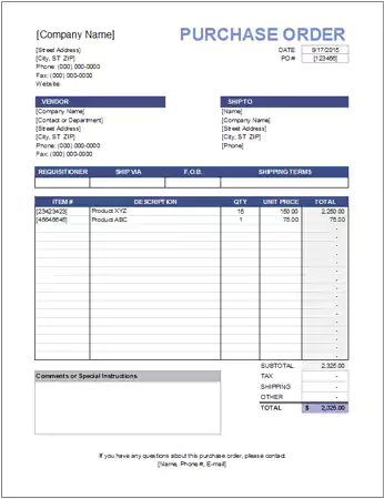 Template of a Purchase Order Form