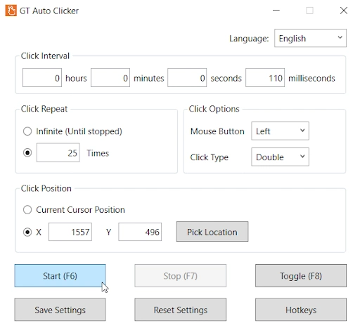 GT Auto Clicker Software Interface on Windows